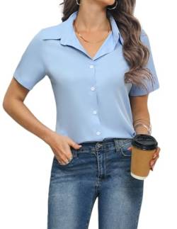 Weardear Bluse Damen Hemdbluse Business Blusen Kurzarm Hemd Lässige V-Ausschnitt Elegant Oberteile Mit Knöpfen Hemden Oversize Hellblau L von Weardear