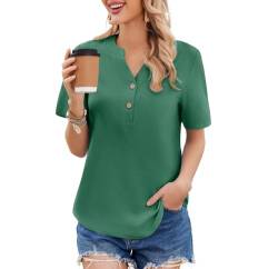 Weardear Bluse Damen Tunika Shirt Elegant 100% Baumwolle Oberteil OL Knopf Kurzarm Blusen Festlich Tops T-Shirt Damenmode V-Ausschnitt Damenblusen Blusenshirt Musselin Hemdbluse Hemden Grün S von Weardear