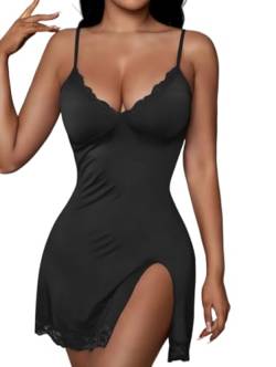 Weardear Damen Nachthemd Sexy Negligee Unterkleid V-Ausschnitt Nachtkleid für Frauen, Schwarz S von Weardear