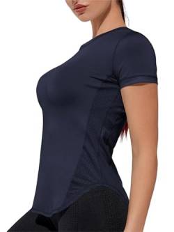 Weardear Sport T-Shirt Damen Rundhalsausschnitt Workout Tops Kurzarm Atmungsaktive Mesh Seiten Laufen Yoga Top Navy Blau M von Weardear