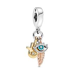 Wedanor Charme Hamsa, All-Seeing Eye Feather Dangle Charms-Anhänger 925 Sterling Silber Charm Bead Pendant für Europäische Armbänder und Halsketten von Wedanor