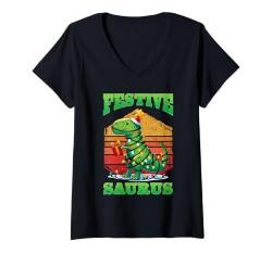 Damen Weihnachten Kostüm Kinder FESTIVE SAURUS Lustiges Jungs T-Shirt mit V-Ausschnitt von Weihnachts Geschenke Kinder Weihnachten Kostüm