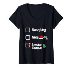 Damen Weihnachten Kostüm NAUGHTY NICE SANTA KNOWS Kinder T-Shirt mit V-Ausschnitt von Weihnachts Geschenke Kinder Weihnachten Kostüm