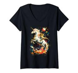 Damen Baby Dino reitet Einhorn Galaxy T-Shirt mit V-Ausschnitt von Weltraum Einhorn T-Rex für Damen Herren & Kinder