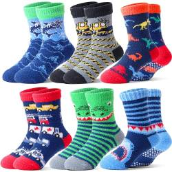 Welwoos Stoppersocken Kinder Kuschelsocken Jungen Dicke Socken Warme Anti Rutsch Wintersocken Flauschige Bettsocken Geschenke Haussocken 6 Paare(Tier & Autos,22-26) von Welwoos