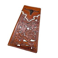 Western Stakes Lange Geldbörse aus Leder, florales geprägtes Longhorn, weiches Leder, Scheckbuch-Stil, Cowboy, handgefertigt, hochwertige Herren-Geldbörse, Rodeo, doppelt gefaltet, Leder, Geschenke von Western Stakes