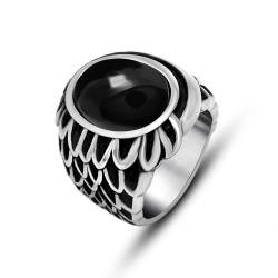 Whoiy Männer Ringe Gravur Personalisiert Punk Ringe Verlobung Partnerringe, Edelstahl Hip Hop Bandring Silber Schwarz mit Schwarzer Achat für Ihn Größe 60 (19.1) von Whoiy