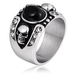 Whoiy Ringe Edelstahl mit Stein, Ring Männer Party Runde Form Totenkopfring mit Schwarzem Ovalem Stein 15mm Gr.57 (18.1) für Urlaub Party Geburtstags von Whoiy