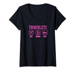 Damen Sarkastischer Triathleten-Witz Essen Trinken Nickerchen T-Shirt mit V-Ausschnitt von Wholesome Napping Essentials For Nap Time