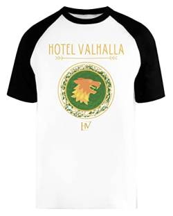 Hotel Valhalla Standard Unisex Herren Frau Baseball T-Shirt Weiß Unisex Baseball T-Shirt von Wigoro