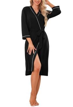 Wikoan Bademantel Damen Leicht Morgenmantel Weich Kimono Robe Hausmantel Bademantel Loungewear Nachtwäsche mit Taschen für alle Jahreszeiten Schwarz XXL von Wikoan