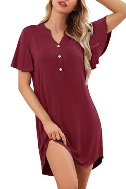 Wikoan Damen Nachthemd Kurzarm Schlafshirt Damen Kurz Knopfmit V-Ausschnitt Stillnachthemd Sommer für Frauen Rüschen Nightdress Burgunderrot M von Wikoan