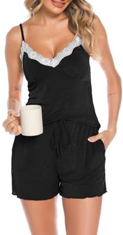 Wikoan Damen-Pyjama-Set, Spitze, Camisole und Shorts, weicher V-Ausschnitt, Nachtwäsche, Nachtwäsche, Schwarz, S von Wikoan