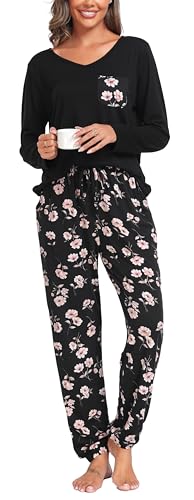 Wikoan Damen Pyjama Set Lang Schlafanzug Warm Zweiteiler Lounge Set V-Ausschnitt Loungewear Set Nachtwäsche Sleepwear A-Schwarz/Blume Hosen S von Wikoan