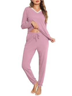 Wikoan Damen Schlafanzug Langarm Gerippter Pyjama Winter Nachtwäsche Zweiteiliger Pyjama Sets V-Ausschnitt Spitzen Pyjama Sets Dunkles Rosa XXL von Wikoan