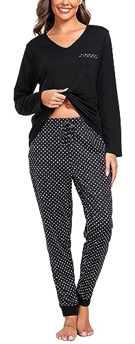 Wikoan Damen Schlafanzug Warmer Matching Pyjama Set Zweiteiler Schlafanzüge und Pyjamas Kuschel Loungewear Sleepwear Set Schwarz XL von Wikoan