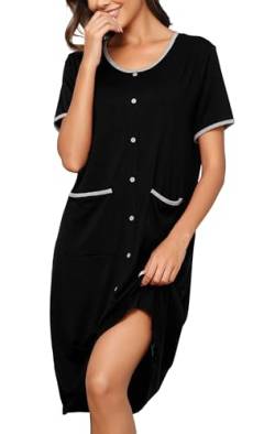 Wikoan Nachthemd Damen Schlafshirt Kurzarm Stillnachthemd Gestreiftes Nachthemd mit Dekor Knöpfe Sleepshirt Nachtwäsche mit Taschen Schwarz S von Wikoan