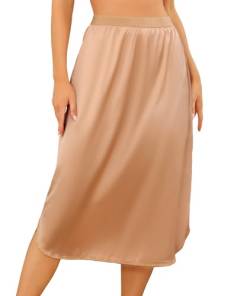 Wikoan Unterrock Lang Petticoat für Damen Elegantes Unsichtbar Underskirt Spitze Weich Kleid Satin Rock Unterkleid Dunkel Champagner M von Wikoan