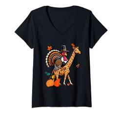 Damen Thanksgiving Turkey Riding Giraffe Costume Kids Toddlers T-Shirt mit V-Ausschnitt von Wild Animal Thanksgiving Costume
