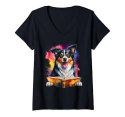 Damen Border Collie Lesen Buch Hund Lustig Tier Design Print T-Shirt mit V-Ausschnitt von Wild Life Merch