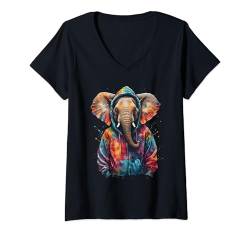 Damen Elefant Hoodie Bunt Lustig Tier Aufdruck Design Print T-Shirt mit V-Ausschnitt von Wild Life Merch