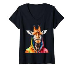 Damen Giraffe Hoodie Bunt Lustig Tier Aufdruck Design Print T-Shirt mit V-Ausschnitt von Wild Life Merch