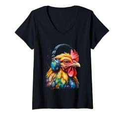 Damen Huhn Kopfhörer Henne Bunt Lustig Tier Aufdruck Design Print T-Shirt mit V-Ausschnitt von Wild Life Merch