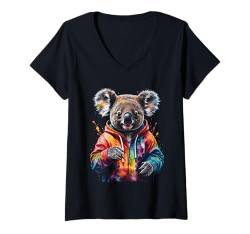 Damen Koala Bär Hoodie Koalabär Bunt Lustig Tier Design Print T-Shirt mit V-Ausschnitt von Wild Life Merch