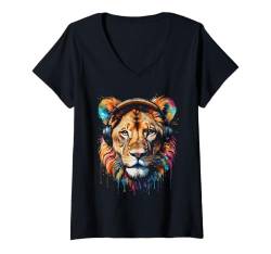 Damen Löwe Kopfhörer Leo Bunt Lustig Tier Aufdruck Design Print T-Shirt mit V-Ausschnitt von Wild Life Merch