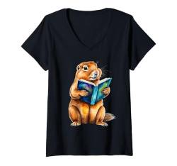 Damen Präriehund Lesen Buch Lustig Tier Aufdruck Design Print T-Shirt mit V-Ausschnitt von Wild Life Merch