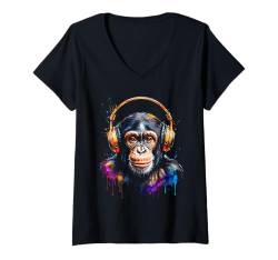 Damen Schimpanse Kopfhörer Affe Lustig Tier Aufdruck Design Print T-Shirt mit V-Ausschnitt von Wild Life Merch