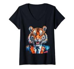 Damen Tiger Anzug Bunt Lustig Tier Aufdruck Design Print T-Shirt mit V-Ausschnitt von Wild Life Merch