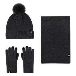 WingFly Damen Winter Warm Mütze mit Bommel Touchscreen Handschuhe und Lang Schal Set mit Dick Fleece Gefütterte, Winterhandschuhe Weihnachten Geschenk für Frauen (Schwarz) von WingFly