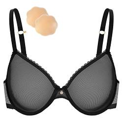 Wingslove Damen Sexy Transparenter BH Unwattierter Bügel BH Spitze Mesh Durchsichtiger BH Mit einem Paar Silikon-Brustaufkleber (Schwarz,80C) von Wingslove