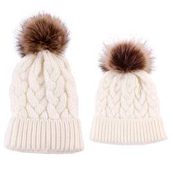 2PCS Mutter & Baby Strickmütze Winterwärmer Familie Häkelarbeithut Wollmütze Beanie Ski Hüte&Mützen (Weiß) von Winmany