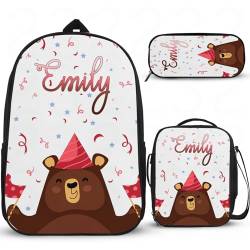 Rucksack mit Cartoon-Bär-Motiv für die Mittelschule, personalisierter Rucksack für Mädchen, Grundschüler, Tagesrucksack, Grundschulrucksack mit Lunchbox, Federmäppchen, 3 Stück von Wintarn