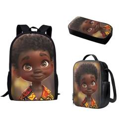 Wismoutput Afrikanischer Jungen-Rucksack-Set, Laptop-Büchertasche, Reise-Schultasche mit isolierter Lunchbox, Federmäppchen für Schule, afrikanische amerikanische Büchertasche für Grundschüler von Wismoutput