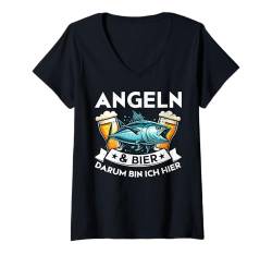 Damen Angeln & Bier Darum Bin Ich Hier Angler Fischerhut Fischer T-Shirt mit V-Ausschnitt von Witzige Angelrute Fischerhut Angelzubehör Männer