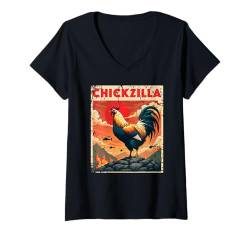 Damen Lustiges Huhn Japan Retro Vintage Poster Design Chickzilla T-Shirt mit V-Ausschnitt von Witzige Hühner Japanische Filmplakat Grafik Outfit