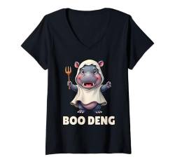 Damen Boo Deng Kostüm Niedliches Baby Nilpferd Hippo Halloween T-Shirt mit V-Ausschnitt von Witziges Moo Deng Nilpferd Kostüm Hippo Halloween