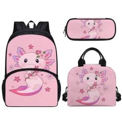 Woisttop Rucksack, Schultasche, 3-teiliges Set, Schulbüchertasche, Schulranzen mit Lunchtasche, Federmäppchen, 3-teiliges Set, Axolotl von Woisttop