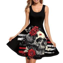 Woisttop Sommerkleid für Damen, ärmellos, Tank-Top-Kleid, ausgestellt, plissiert, A-Linie, Arbeitskleid, Midi-Kleid, XS-4XL, Totenkopf Rose, X-Small von Woisttop