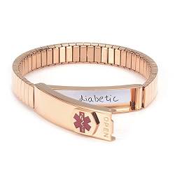 Elastisches Edelstahl-Armband für medizinische Alarme Damen (Details in den Abschnitt zum Heben einfügen, personalisierte medizinische Karte + Streifen kostenlos) (17,5 cm, roségold) von Wollet