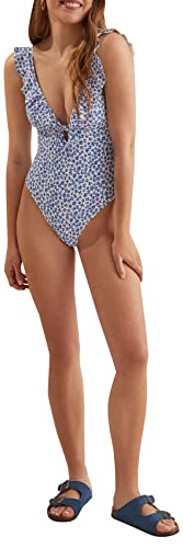 Women'secret Damen Badeanzug Rüschen Blumen Schwimm-Slips, Bedruckt blau, M von Women'secret