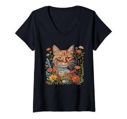 Damen Cottagecore Katze Ästhetik Garten Stickerei Stil Natur T-Shirt mit V-Ausschnitt von WomenGalaxy