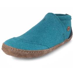 WoolFit Taiga Hausschuhe mit Ledersohle - moderne Hüttenschuhe unisex, türkis blau, Gr. 42 von WoolFit