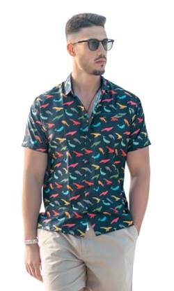 World of Happy Bay Men's Hawaiian Shirt, Short Sleeve Casual Wear, Button Down Summer Shirt, Holiday, Beach Wear, Whale Print Shirts | Large von World of Happy Bay