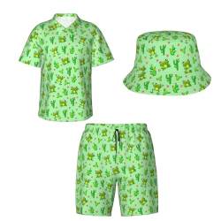 Wpamlrta Herren-Hawaii-Hemd, Button-Down-Shirt, 2-teiliges Set, Hemd, Shorts, Sets mit Eimerhüten, Frosch Kaktus Schwarz, XL von Wpamlrta