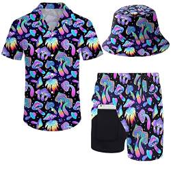 Wpamlrta Neon Beer Herren 2 Stück Trainingsanzug 80er 90er Jahre Outfit Button Down 80er Jahre Shirts und Shorts Sets mit Bucket Hats, Magic Mushrooms Psychedelic, M von Wpamlrta