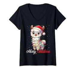 Damen Lama, Frohe Weihnachten, Weihnachtsmannmütze, Weihnachtsmann T-Shirt mit V-Ausschnitt von Wrapped with Christmas Lights Merry Christmas